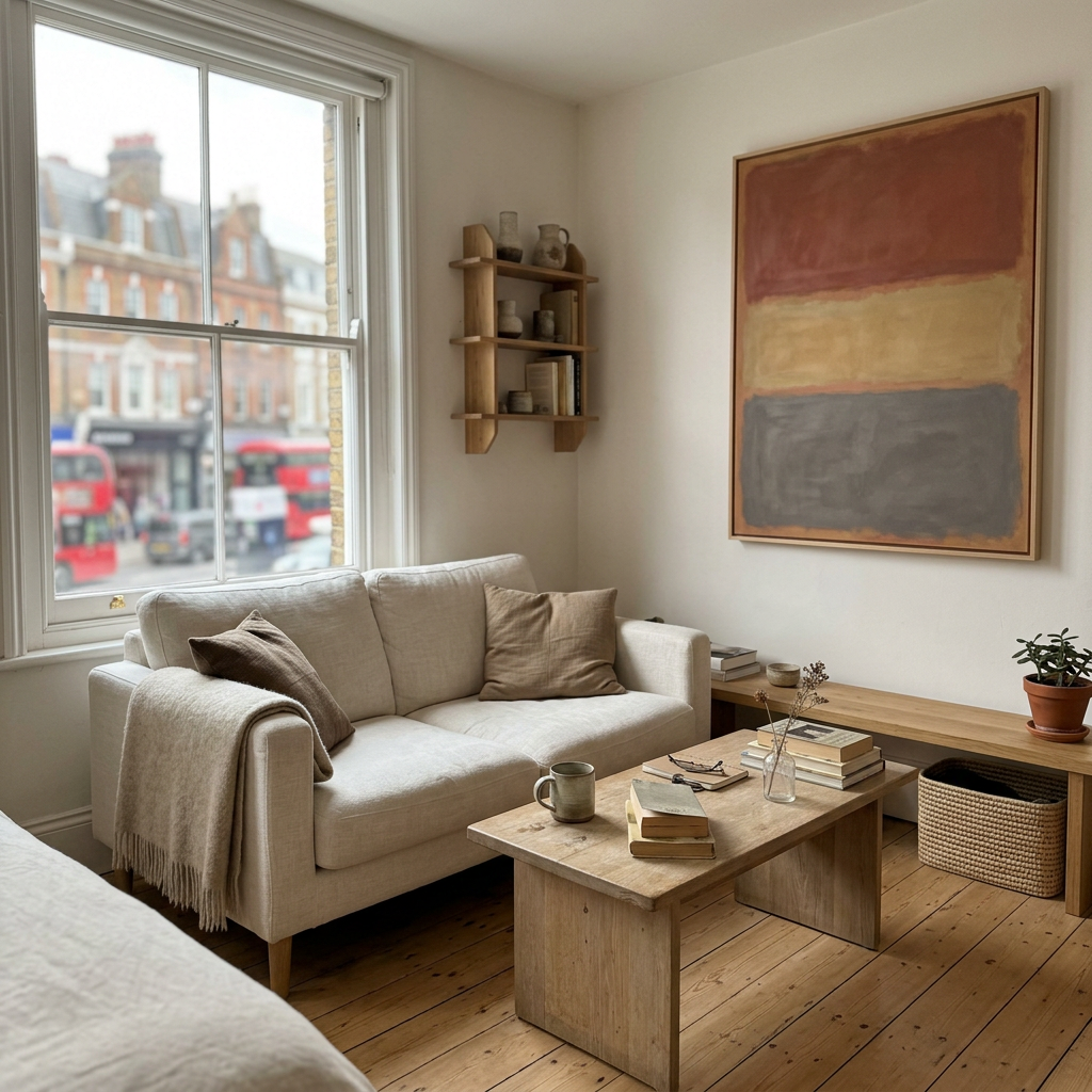 A quiet, softly lit studio living space with a daybed by the window.