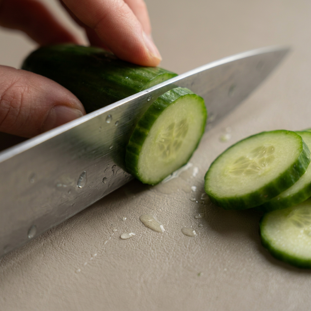 Close-up of a knife slicing a cucumber on a plain textured surface.