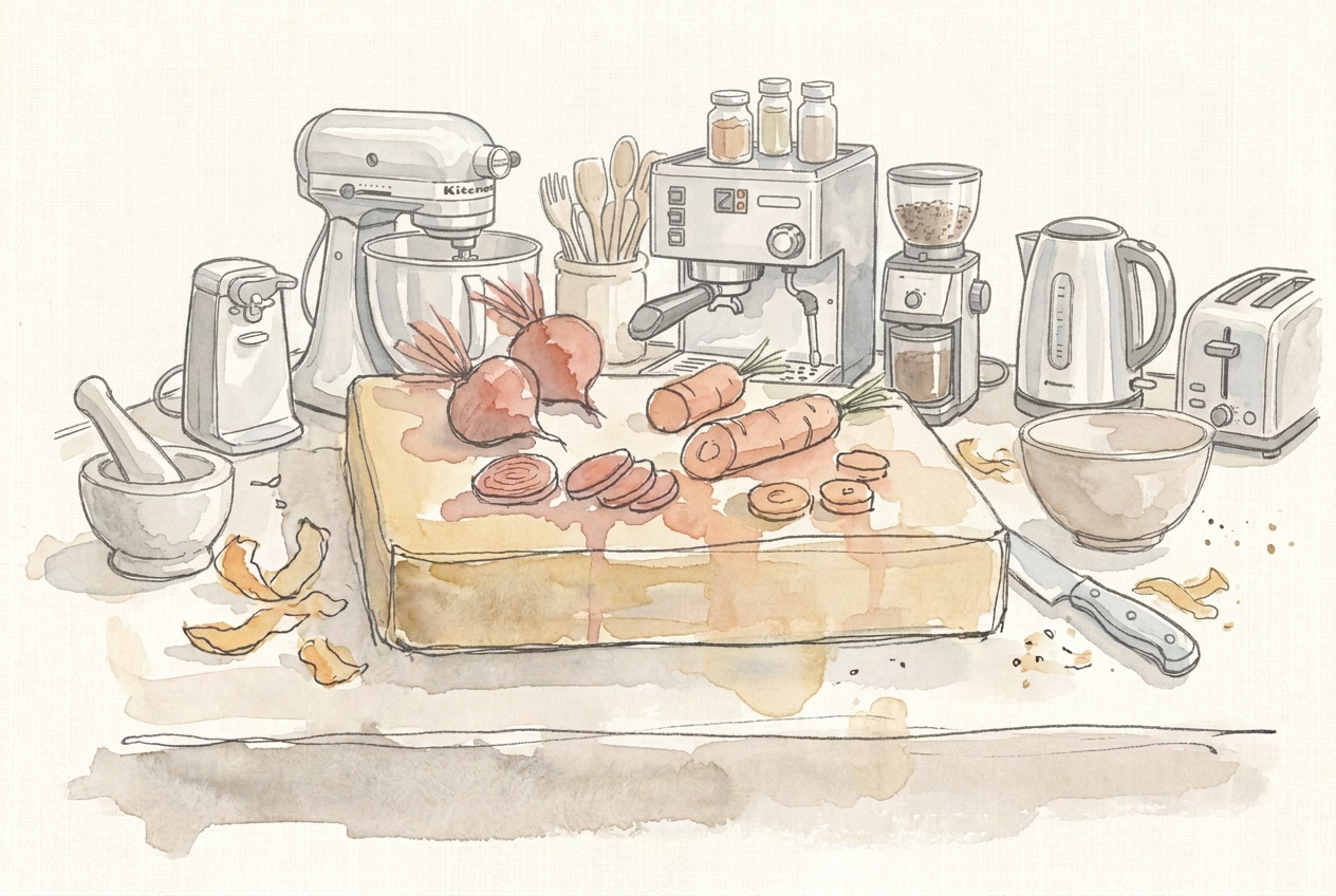 A cluttered kitchen worktop crowded with a stand mixer, espresso machine, kettle, toaster and coffee grinder, with barely room to chop vegetables.