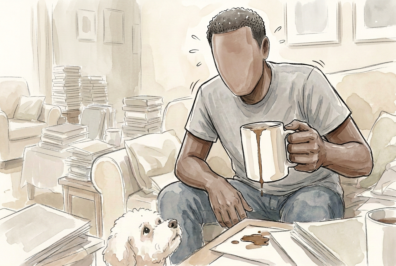 A man on the sofa spilling coffee from an overfull mug because there is nowhere flat nearby to set it down, dog looking on.