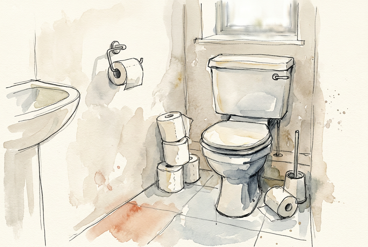 A bathroom corner with spare toilet roll stacked directly on the floor for lack of any storage.