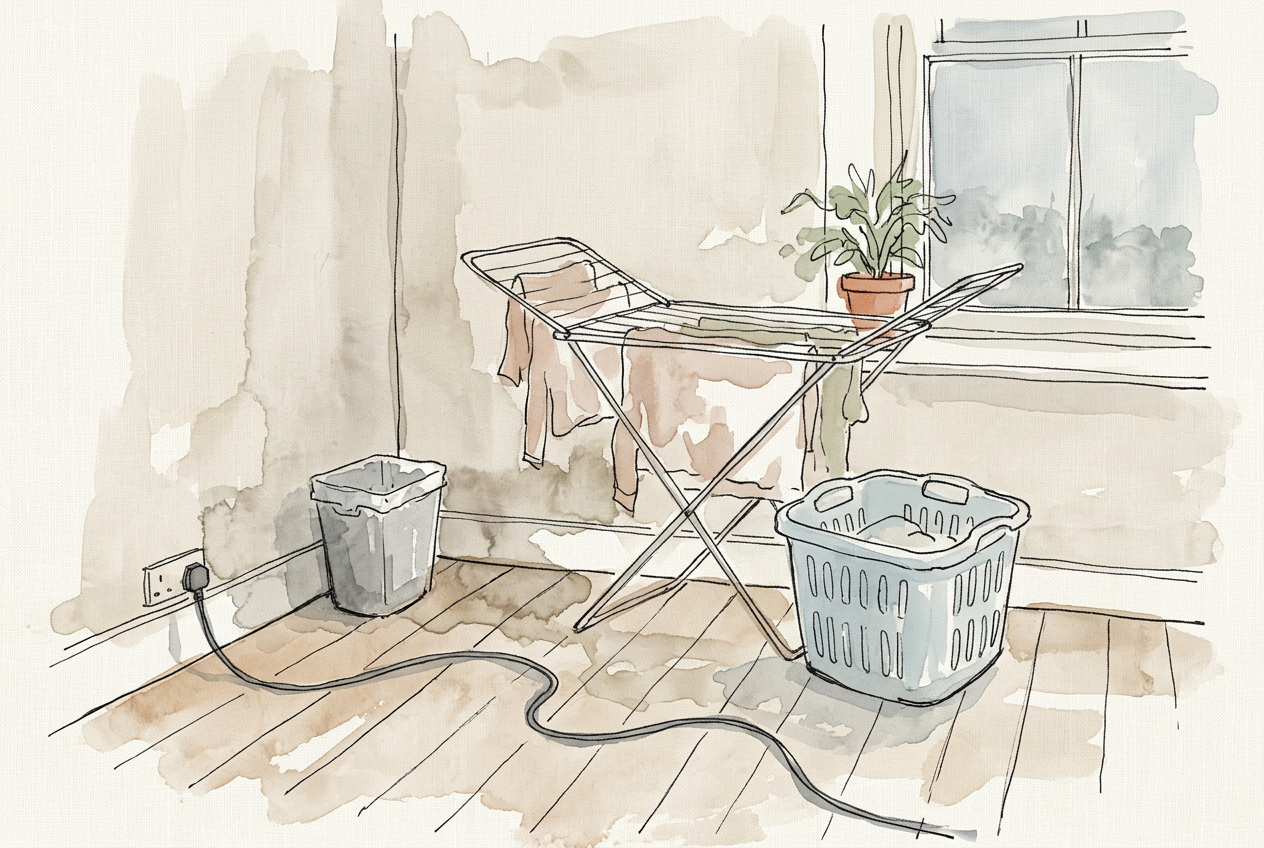 A drying rack and laundry basket crammed into a corner with a trailing extension cable.